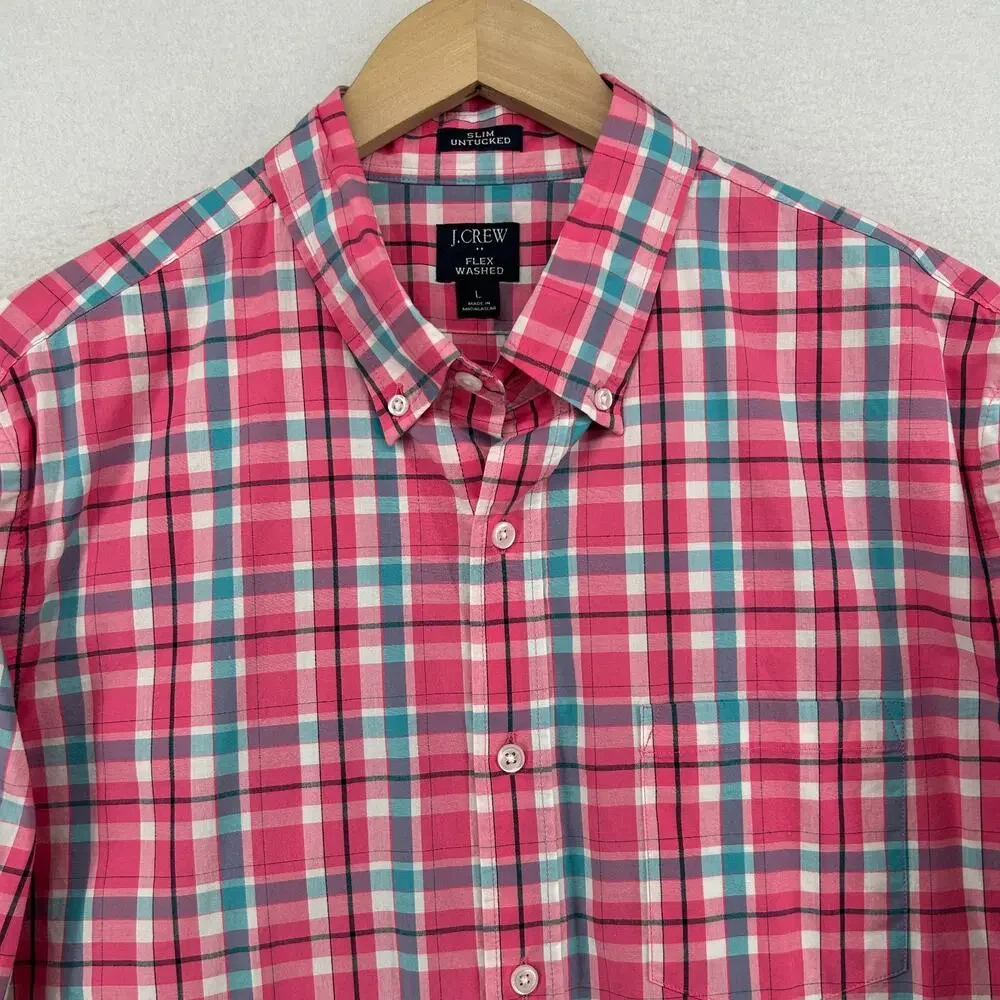 J.CREW Shirt Mens L Flex Washed Slim Untucked Button Up Plaid Cotton Blend Pink